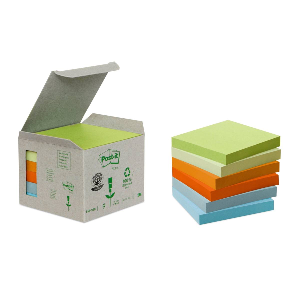 3M Post-it Recycling Notes 654-1GB, 76 mm x 76 mm, verschillende kleuren, 6 blokken van elk 100 vellen
