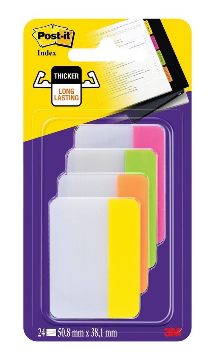 3M Post-it Index Strong 686-PLOY, 50,8 mm x 38 mm, keltainen, vihreä, oranssi, vaaleanpunainen, 4 x 6 liimanauhaa