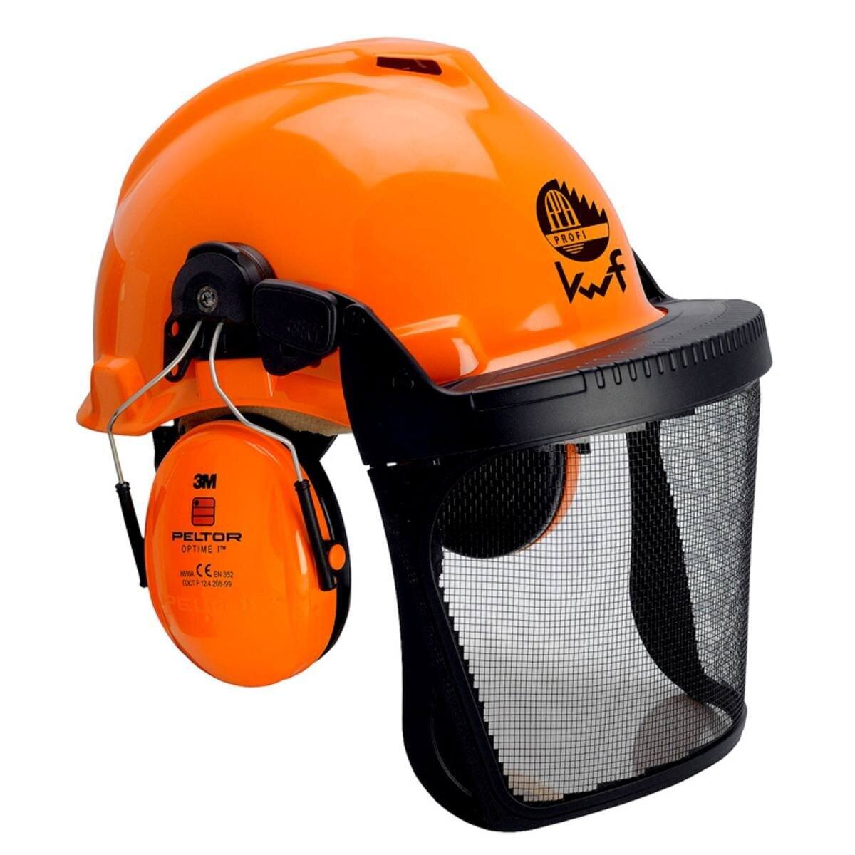 3M G22D Kopfschutz-Kombination 22DO515C in orange, mit H510P3E Kapseln, Pinlock Verschluß, Visier 5C Edelstahl, Lederschweißband und KWF-Logo
