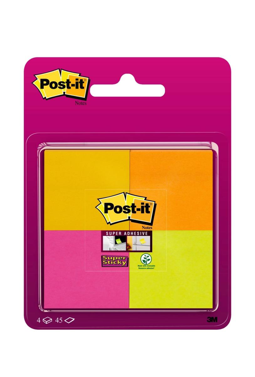 3M Post-it Super Sticky Notes 6910YPOG, 4 kpl 45 arkkia, ultrakeltainen, neonpinkki, neonoranssi, neonvihreä, 48 mm x 48 mm, PEFC-sertifioitu