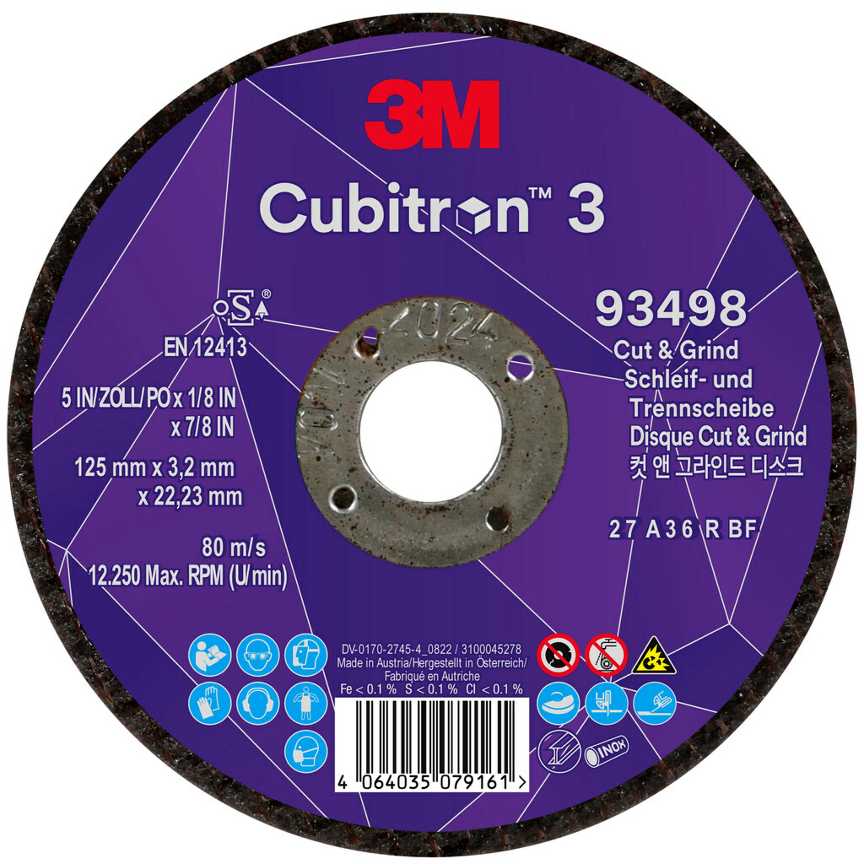 3M Cubitron 3 Cut & Grind Schruppscheibe, 125 mm, 3,2 mm, 22,23 mm, 36+, Typ 27 #93498