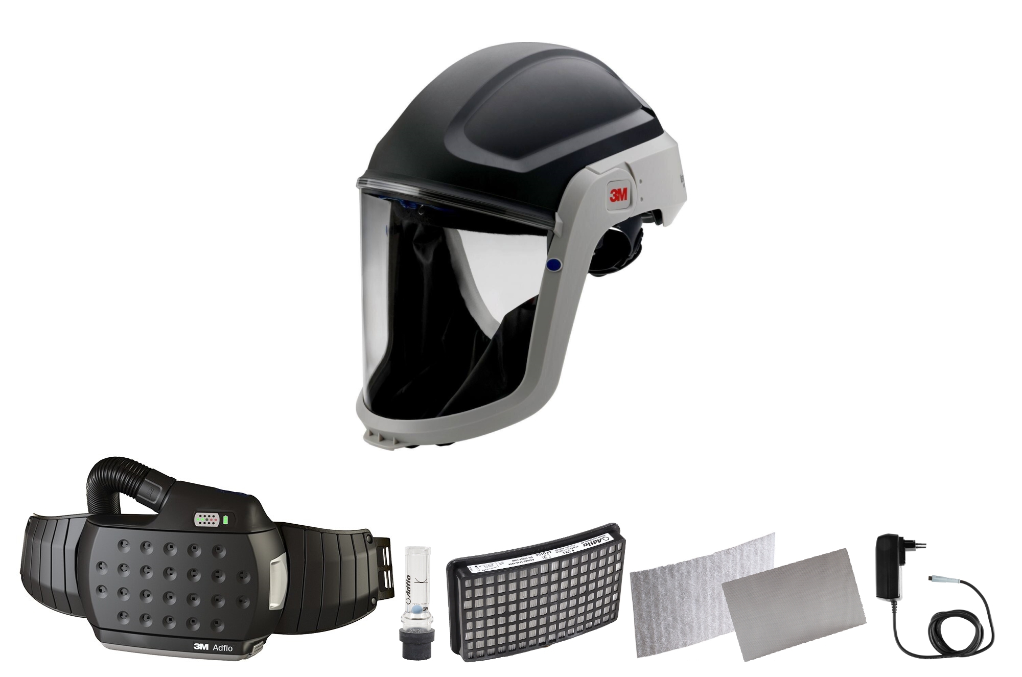 3M Speedglas Versaflo clear visor M-307 with integrated head protection, with Adflo blower respirator with QRS air hose, adapter, air flow meter, pre-filter, spark arrester, particle filter, lithium-ion battery and charger #857720