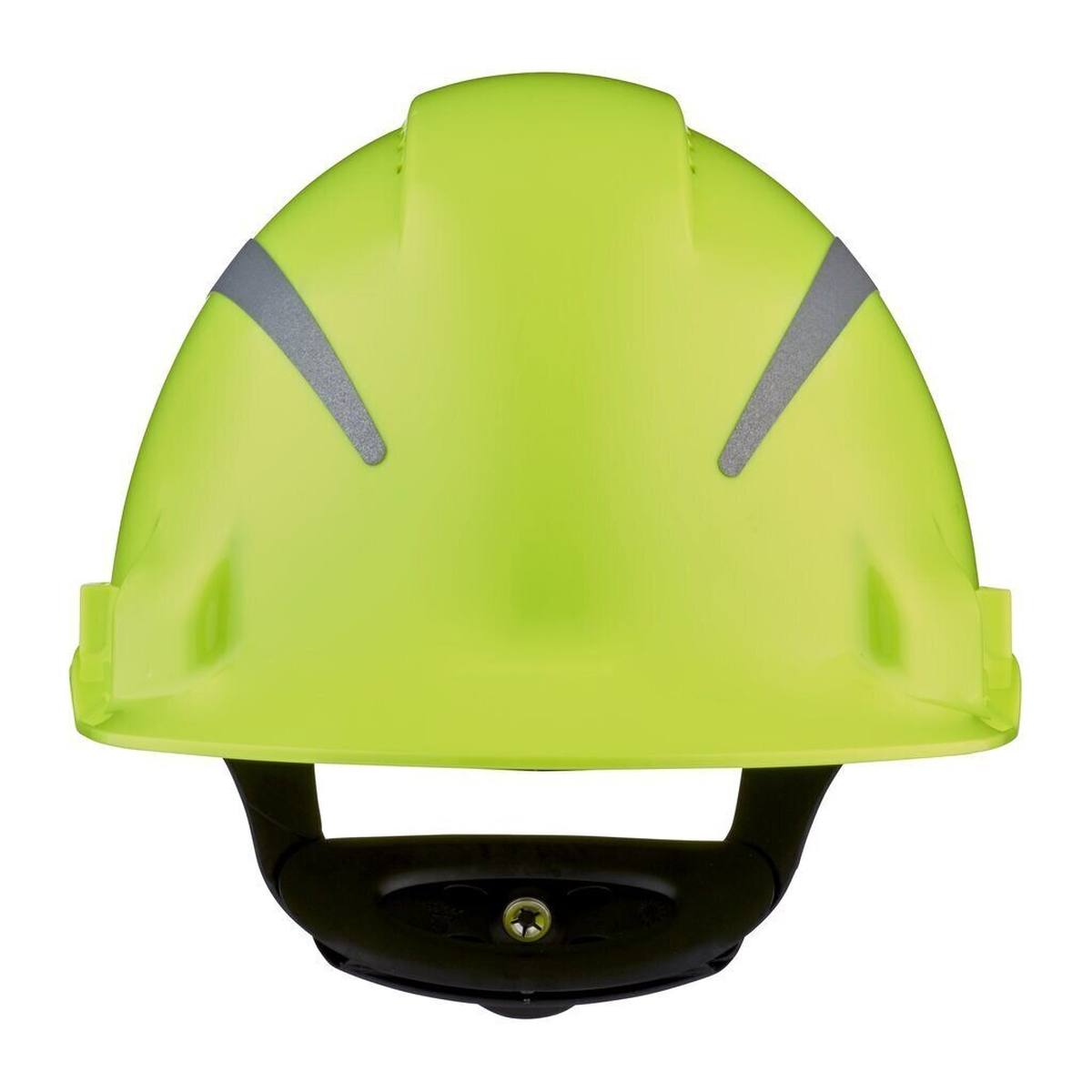 elmetto di sicurezza 3M G3000 con indicatore UV, verde neon, ABS, chiusura a cricchetto ventilata, fascia antisudore in plastica, adesivo riflettente