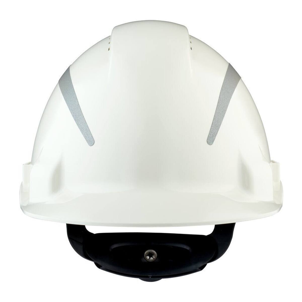 3M G3000 safety helmet with UV indicator, white, ABS, ventilated ratchet fastener, plastic sweatband, reflective sticker