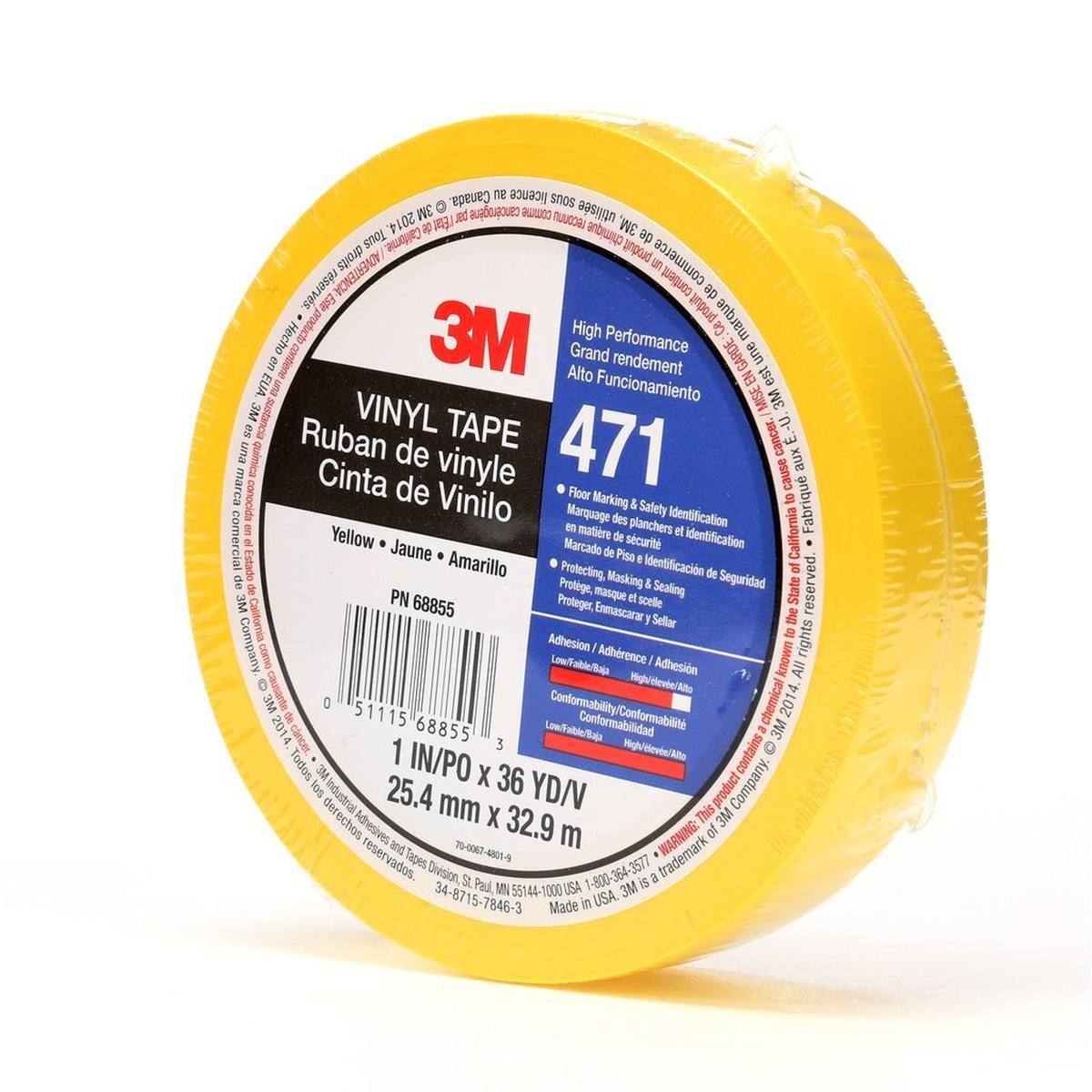 3M ruban adhésif en PVC souple 471 F, jaune, 25 mm x 33 m, 0,13 mm