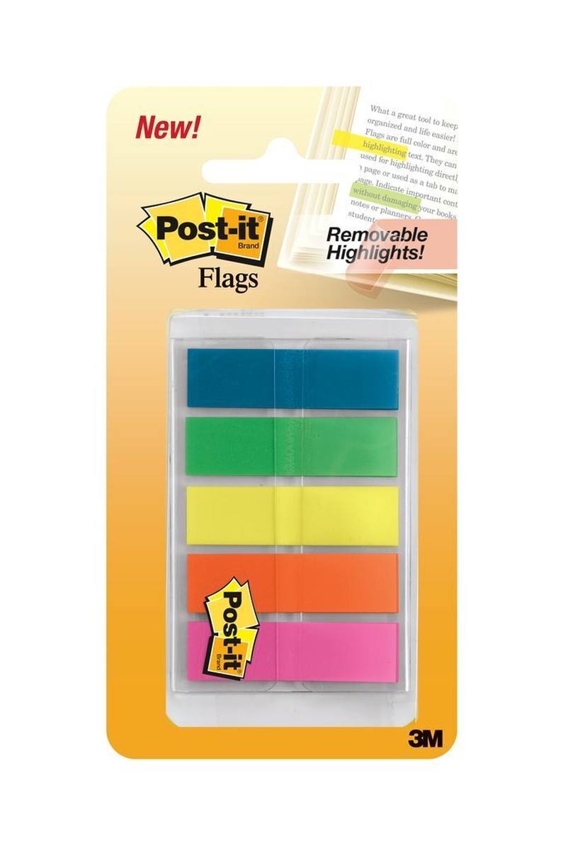 3M Post-it Index 683HF5, 11,9 mm x 43,2 mm, blau, gelb, grün, orange, pink, 5 x 20 Haftstreifen