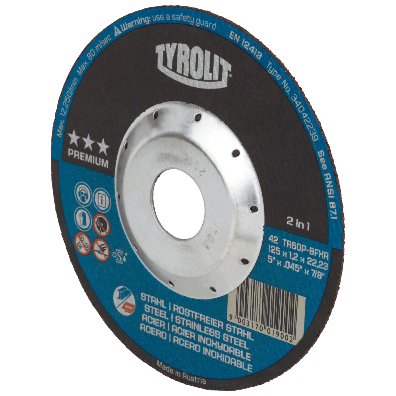 Tyrolit Cut-off wheels DxUxH 125x1.2x22.23 Super-thin cut-off wheels for steel and stainless steel, shape: 42 - offset version, Art. 34472852