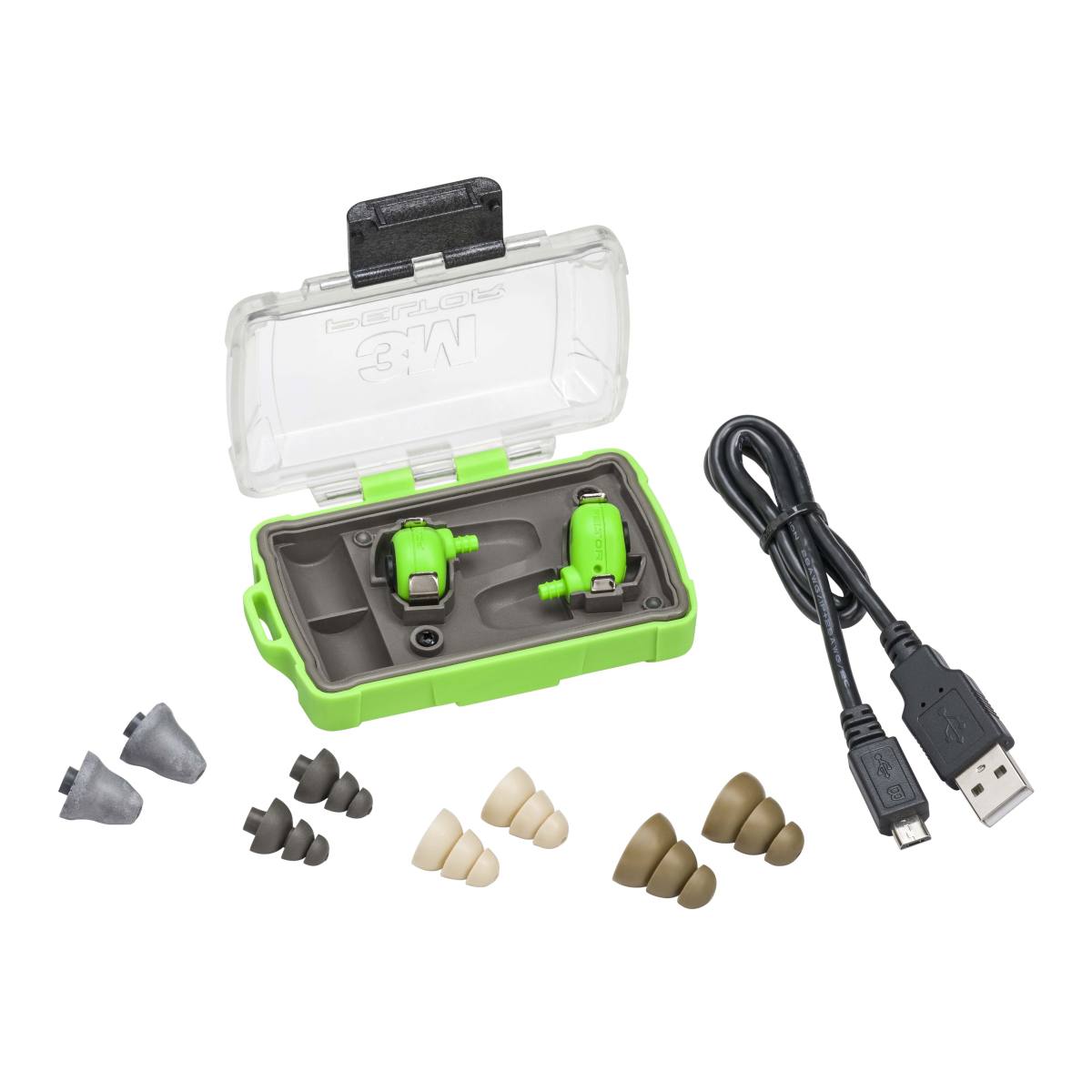 3M PELTOR EEP-100 EU electronic earplugs, set: earplugs and charging station (with closed lid and USB ports) are IP-54 rated and waterproof