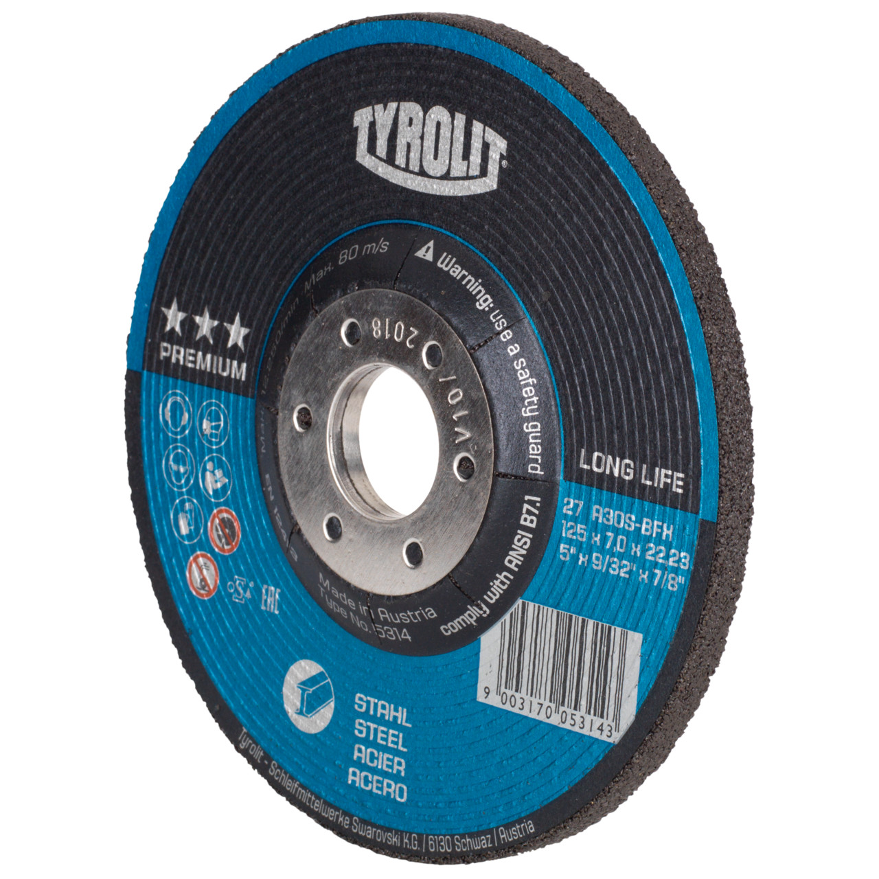Tyrolit Rough grinding disc DxUxH 115x7x22.23 LONGLIFE Z-MAX for steel, shape: 27 - offset version, Art. 34353683