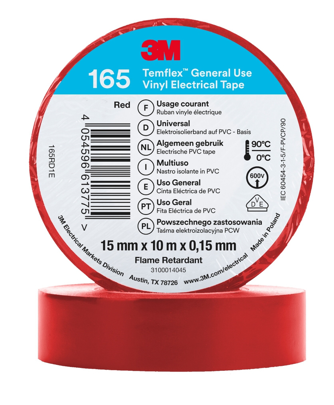 3M Temflex 165 vinyl electrical insulating tape, red, 15 mm x 10 m, 0.15 mm