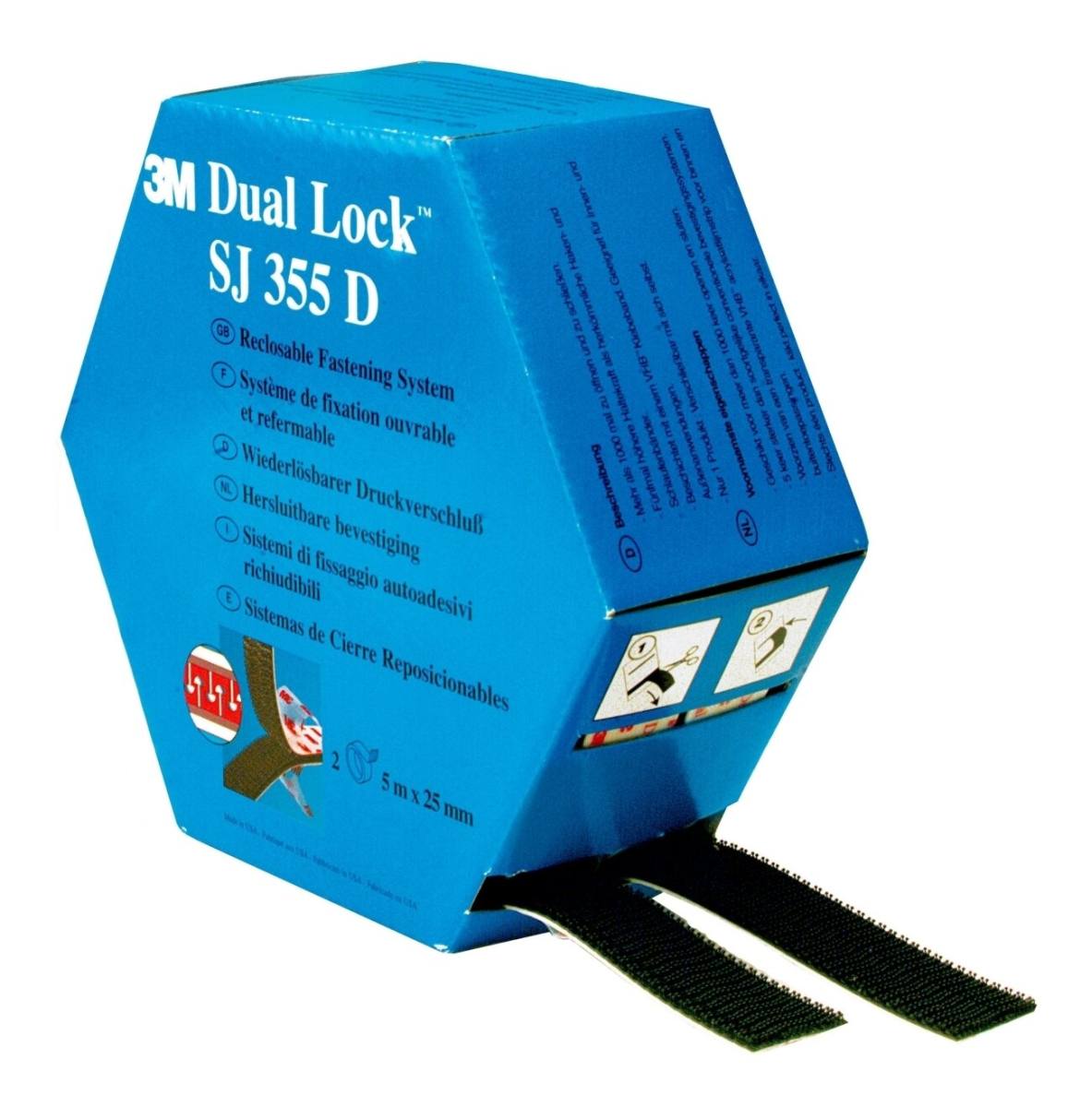 3M Dual Lock flexibler Druckverschluss mit hoher Temperaturbeständigkeit SJ355D, Schwarz, 25,4 mm x 10 m, 5,7 mm, 40 Köpfe/cm2