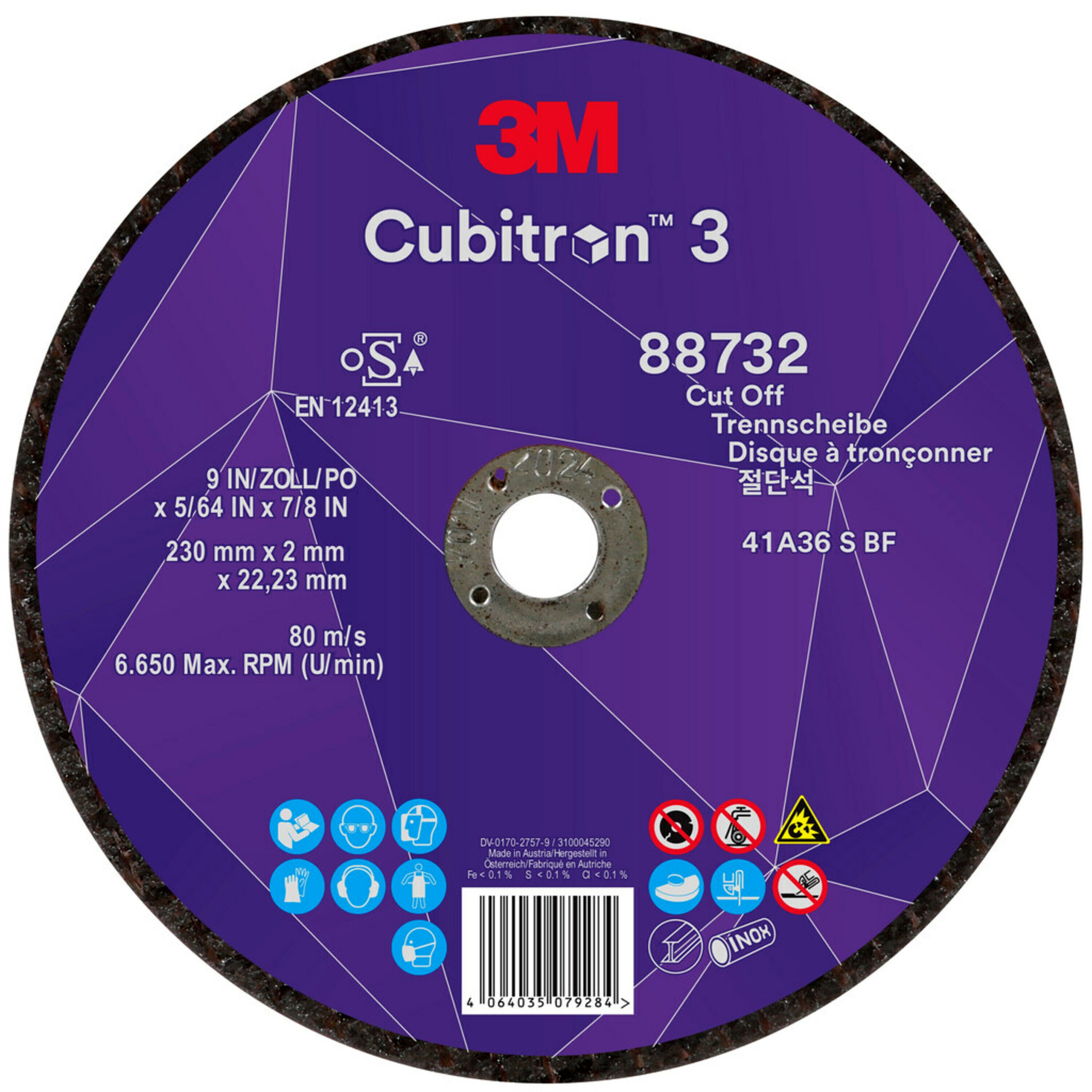 Disco de corte 3M Cubitron 3, 230 mm, 2 mm, 22,23 mm, 36+, tipo 41 #88732