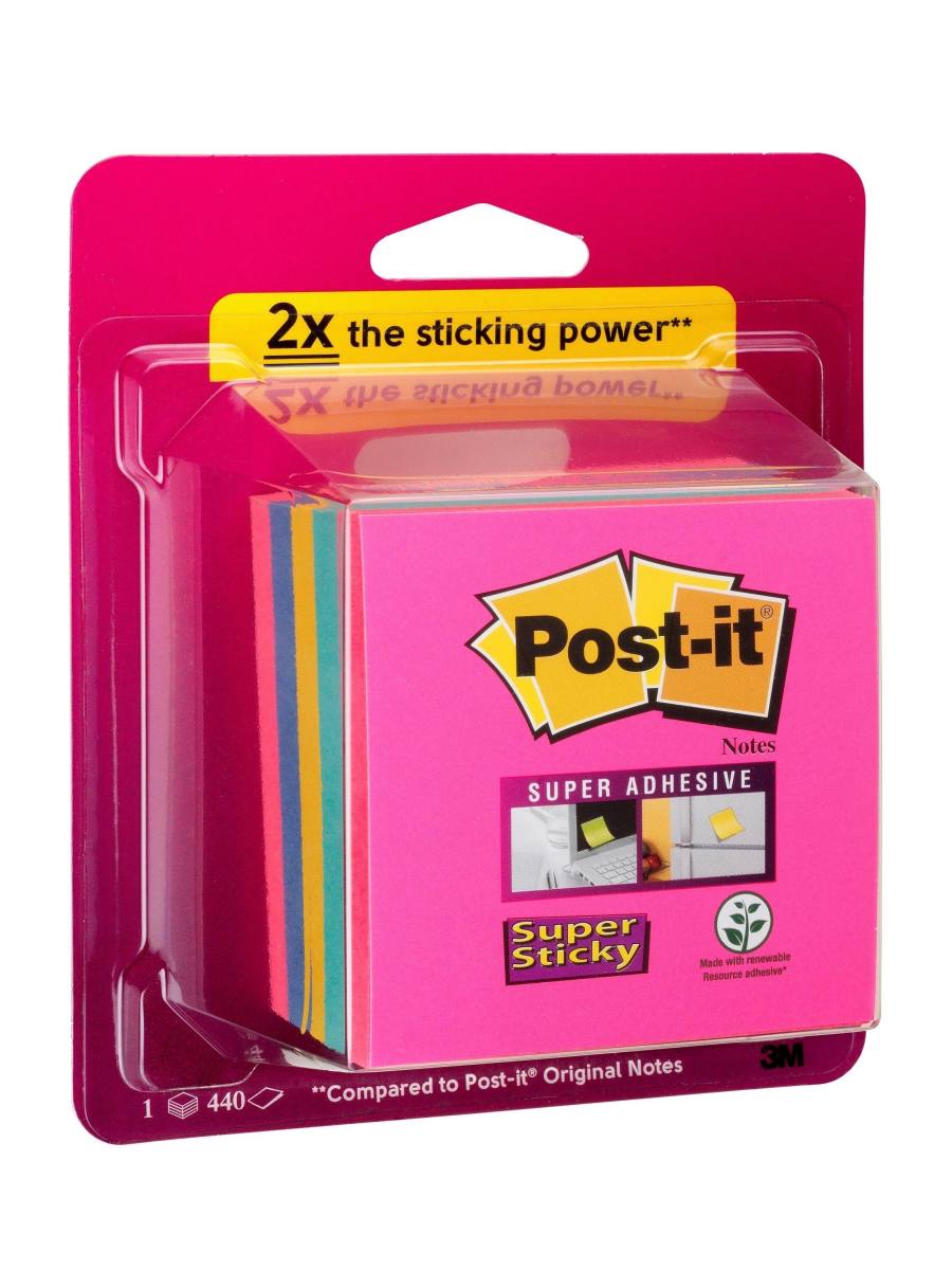 3M Post-it Super Sticky Cube 2028-SS-RBWC 1 cube of 440 sheets, poppy red, turquoise, ultra yellow, blue, poppy red, 76 mm x 76 mm, PEFC certified