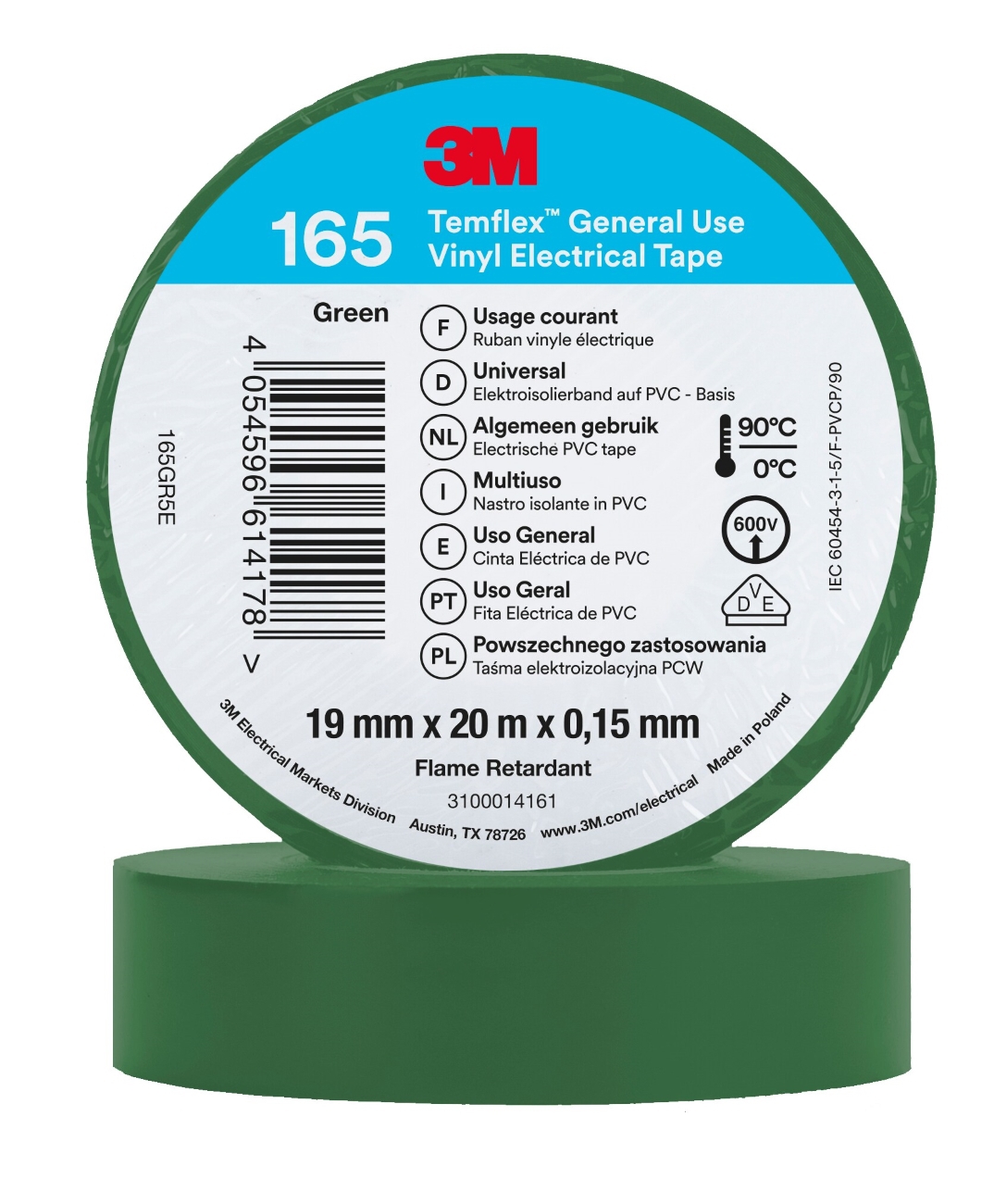 3M Temflex 165 vinyl electrical insulating tape, green, 19 mm x 20 m, 0.15 mm