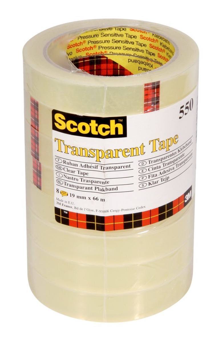 3M Scotch transparant plakband 550, 19 mm x 66 m, transparant, pak van 8 rollen
