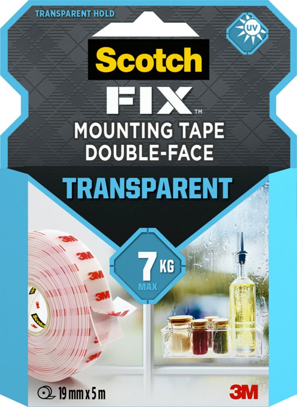 3M Scotch-Fix Transparentes Montageband 4910C-1950-P, 19 mm x 5 m, Hält bis zu 7 kg, 1 kg/20 cm