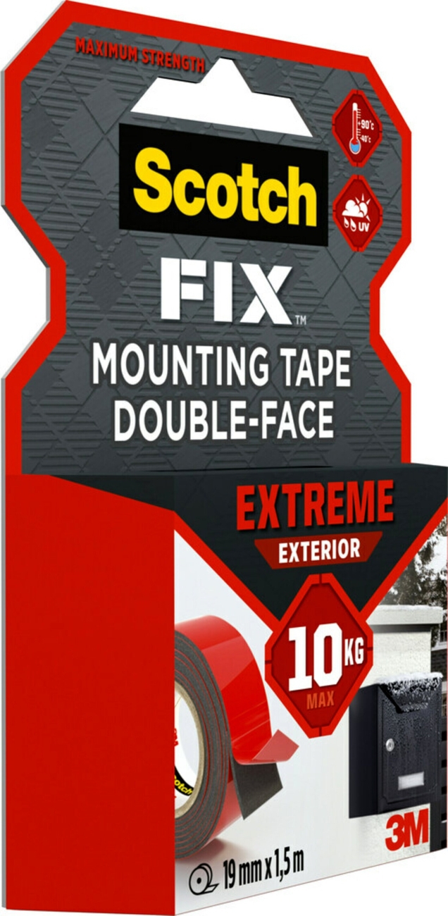 3M Scotch-Fix Extreme external mounting tape, 19 mm x 1.5 m, Holds up to 10 kg, 1 kg/15 cm
