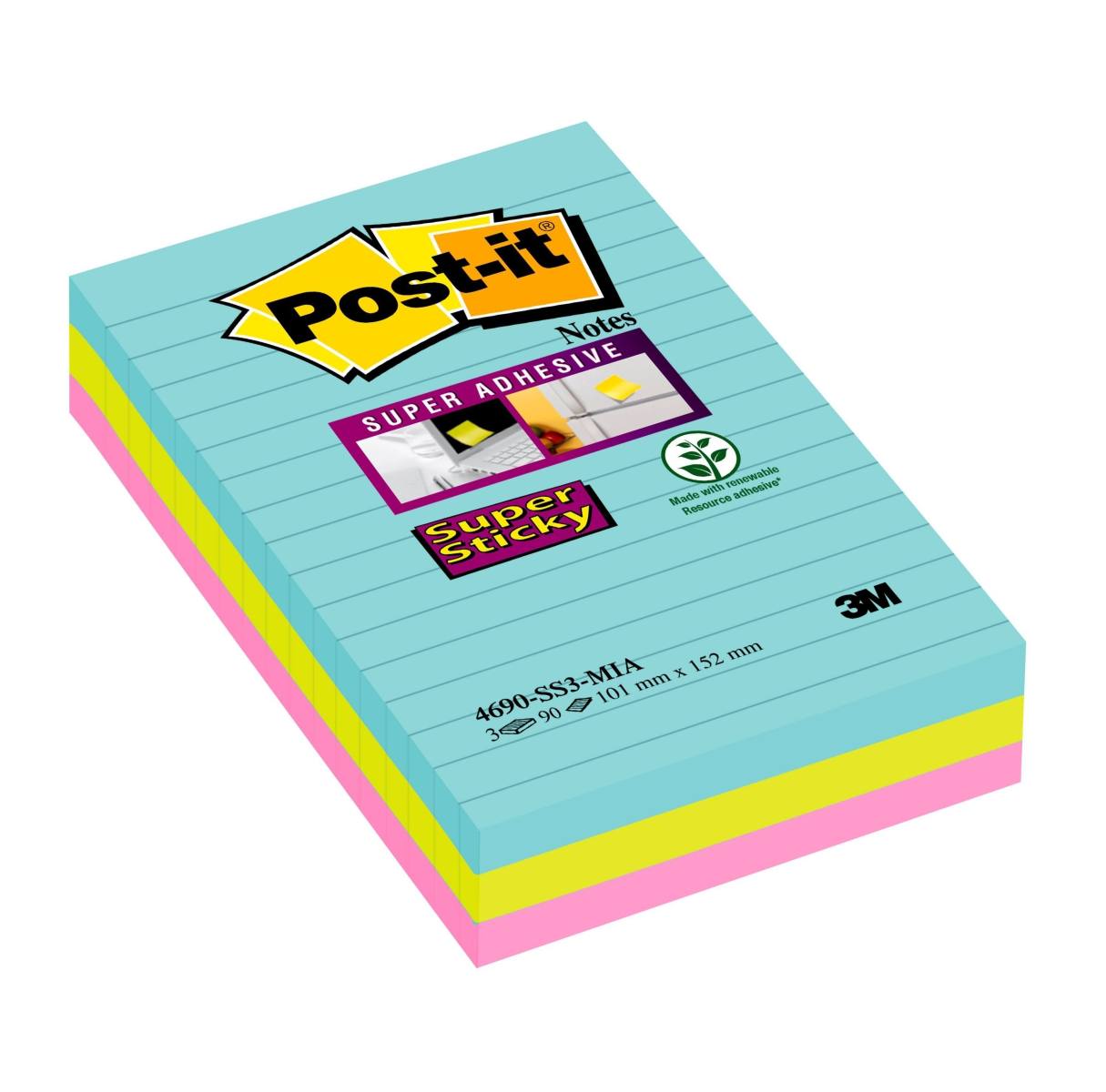 3M Post-it Super Sticky Notes 4690S3MI, 101 mm x 152 mm, turquoise, vert fluo, rose fluo, 3 blocs de 90 feuilles