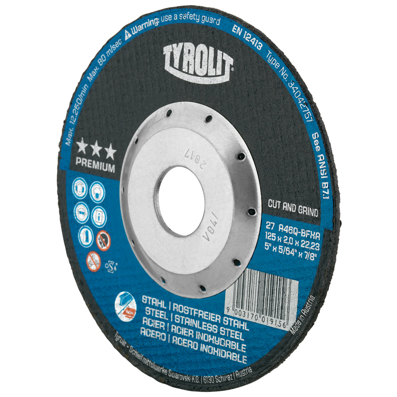 Disco da taglio Tyrolit CUT AND GRIND DxUxH 125x2x22.23 Con protezione DEEP Cut per acciaio e acciaio inox, forma: 27 - versione offset, Art. 34042757