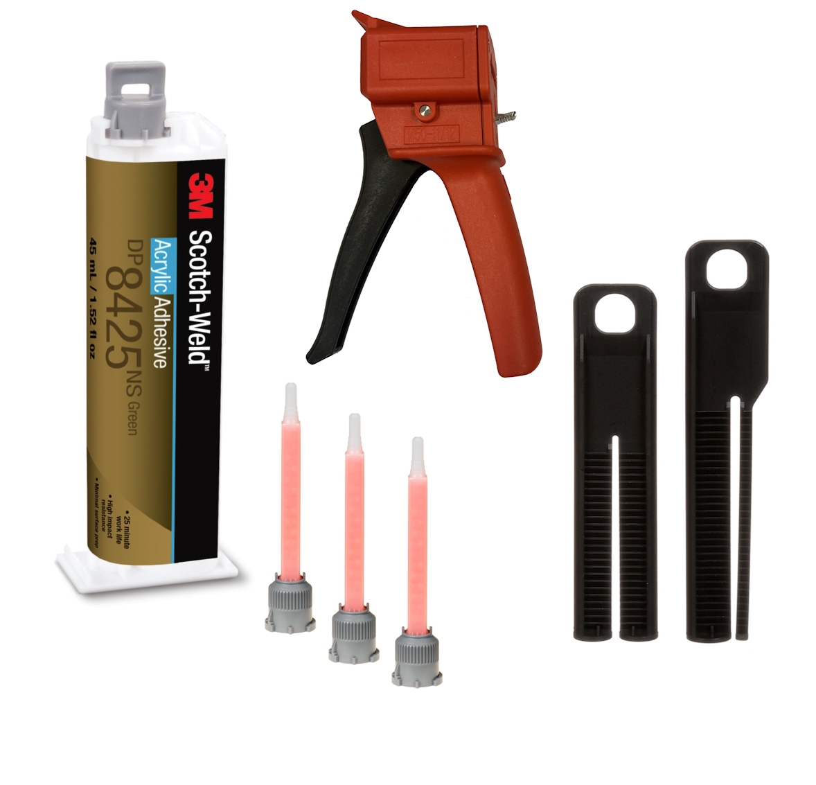 Starter set: 1x 3M Scotch-Weld 2-component construction adhesive EPX System DP8425 NS, green, 45 ml 1x S-K-S hand tool for EPX 38 to 50 ml cartridges incl. feed piston 2:1 &amp; 10:1, 3x mixing nozzle