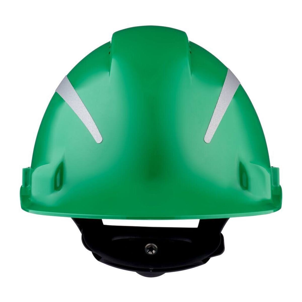 3M G3000 safety helmet with UV indicator, green, ABS, ventilated ratchet fastener, plastic sweatband, reflective sticker