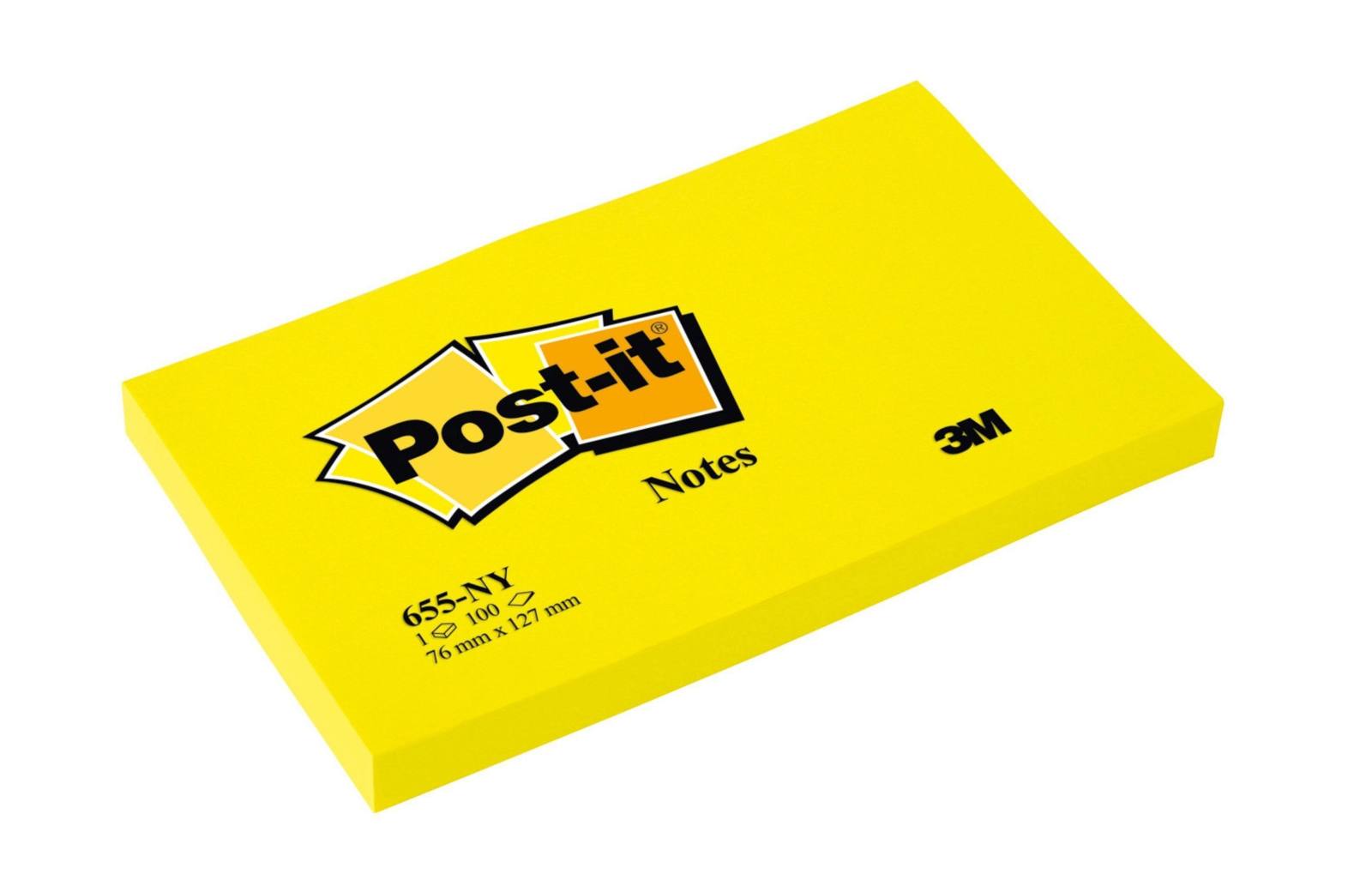 3M Post-it Notes 655NGE, 127 x 76 mm, jaune fluo, 1 bloc de 100 feuilles