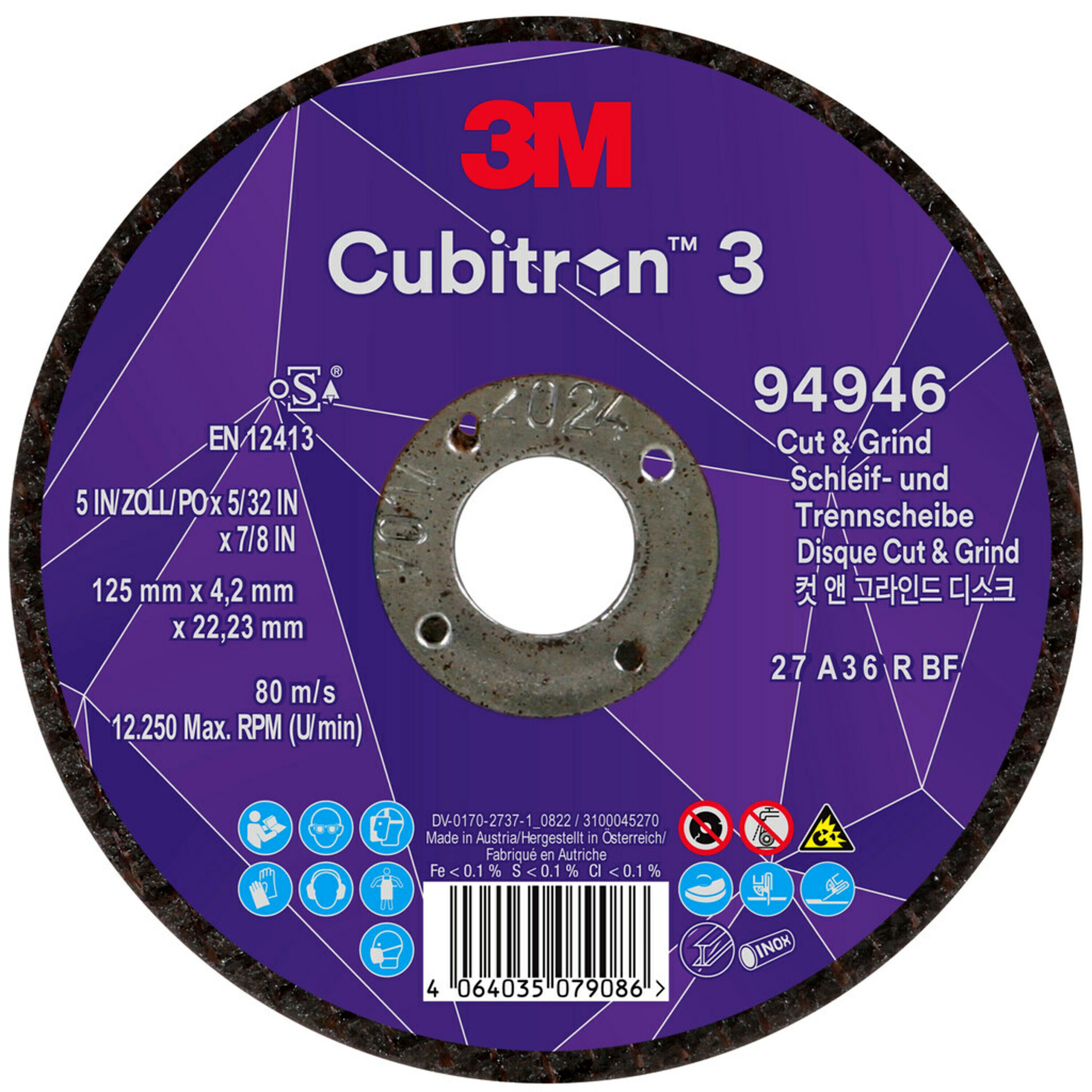 3M Cubitron 3 Cut & Grind Schruppscheibe, 125 mm, 4,2 mm, 22,23 mm, 36+, Typ 27 #94946