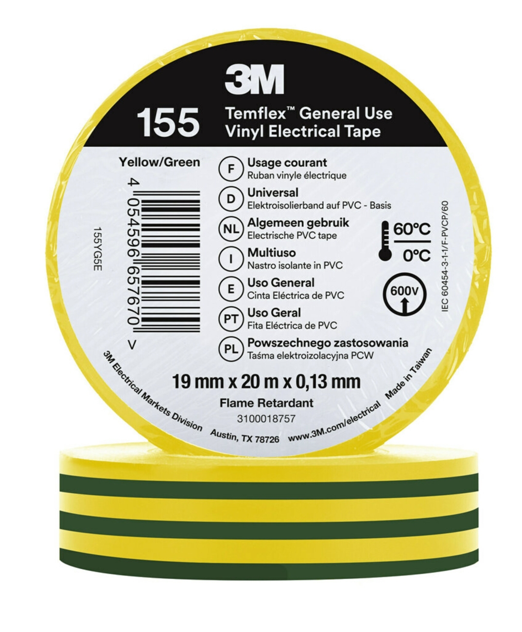 3M Temflex 155 vinyl electrical insulating tape, green/yellow, 19 mm x 20 m, 0.13 mm