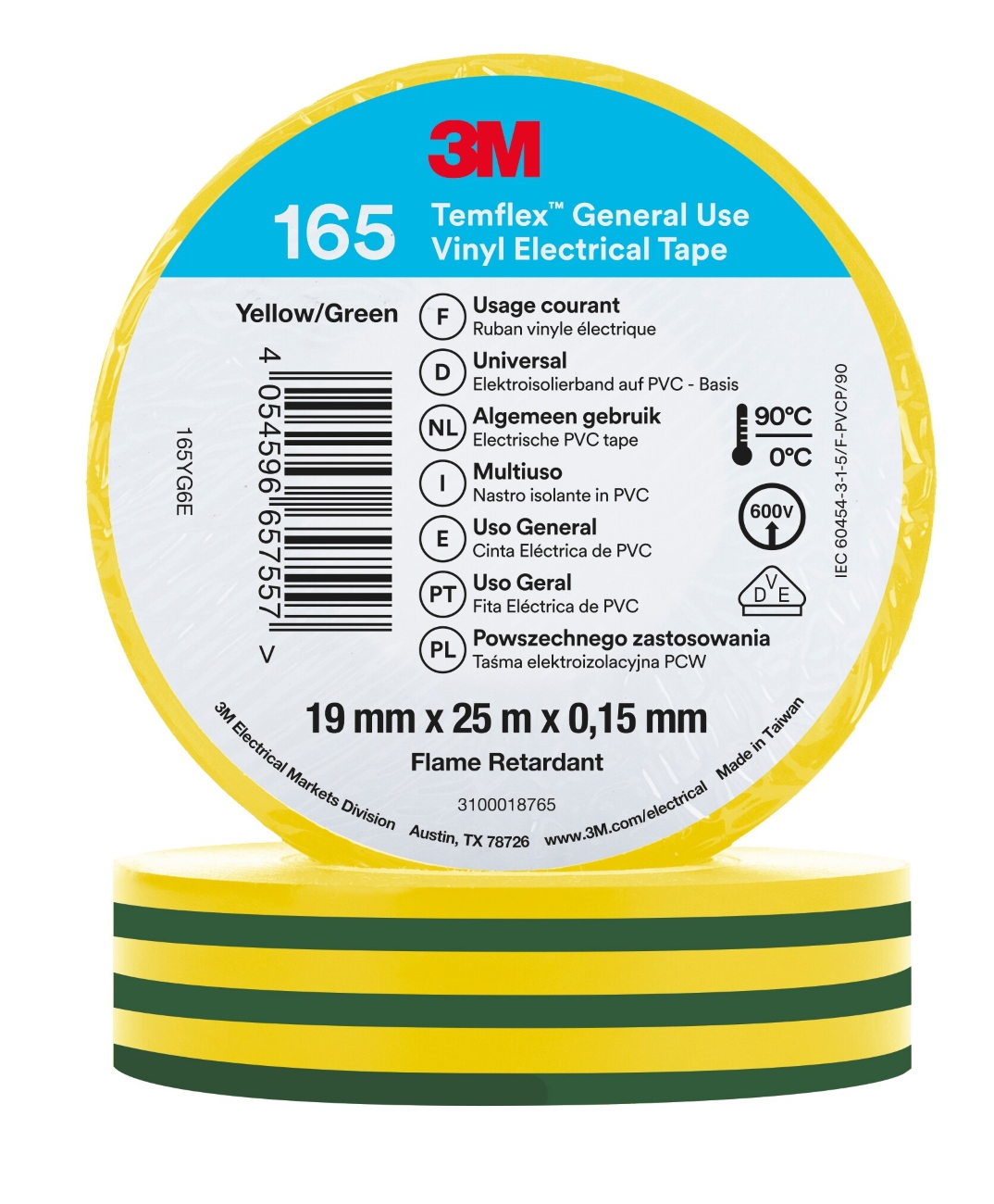 3M Temflex 165 vinyl electrical insulation tape, green/yellow, 19 mm x 25 m, 0.15 mm