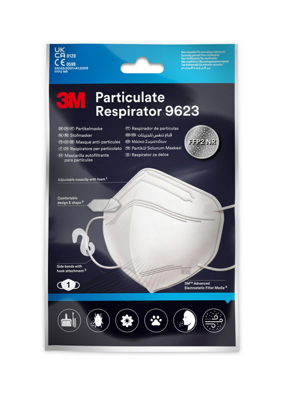 3M 9623 Partikelmaske Atemschutzmaske FFP2, bis zum 10-fachen des Grenzwertes, Pack = 1Stück, elastische Gummibänder für Ohrenbefestigung (hygienisch einzelverpackt)