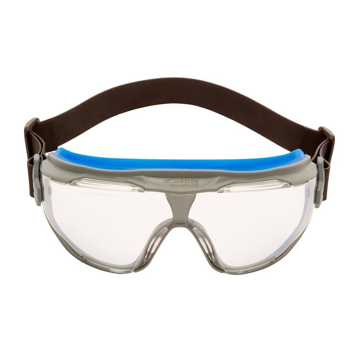 3M GoggleGear 500 Vollsichtbrille GG501NSGAF-BLU, autoklavierbar, blau-grauer Rahmen, schwarzes Neopren-Kopfband, klare Scheiben