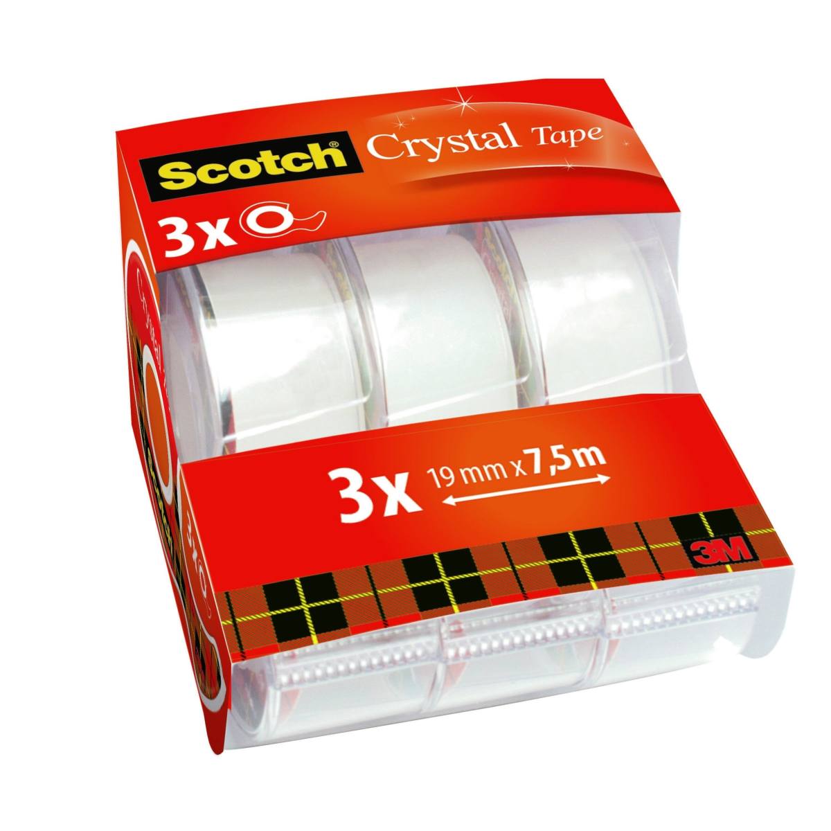 3M Scotch Crystal Klebeband Caddy Pack, 3 Rollen in Handabrollern, 19 mm x 7,5 m
