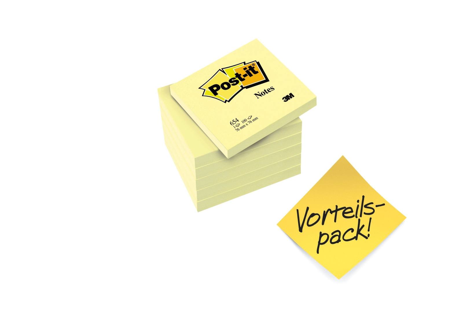 3M Post-it Notes 654Y6, 76 mm x 76 mm, geel, 6 blokken van elk 100 vellen