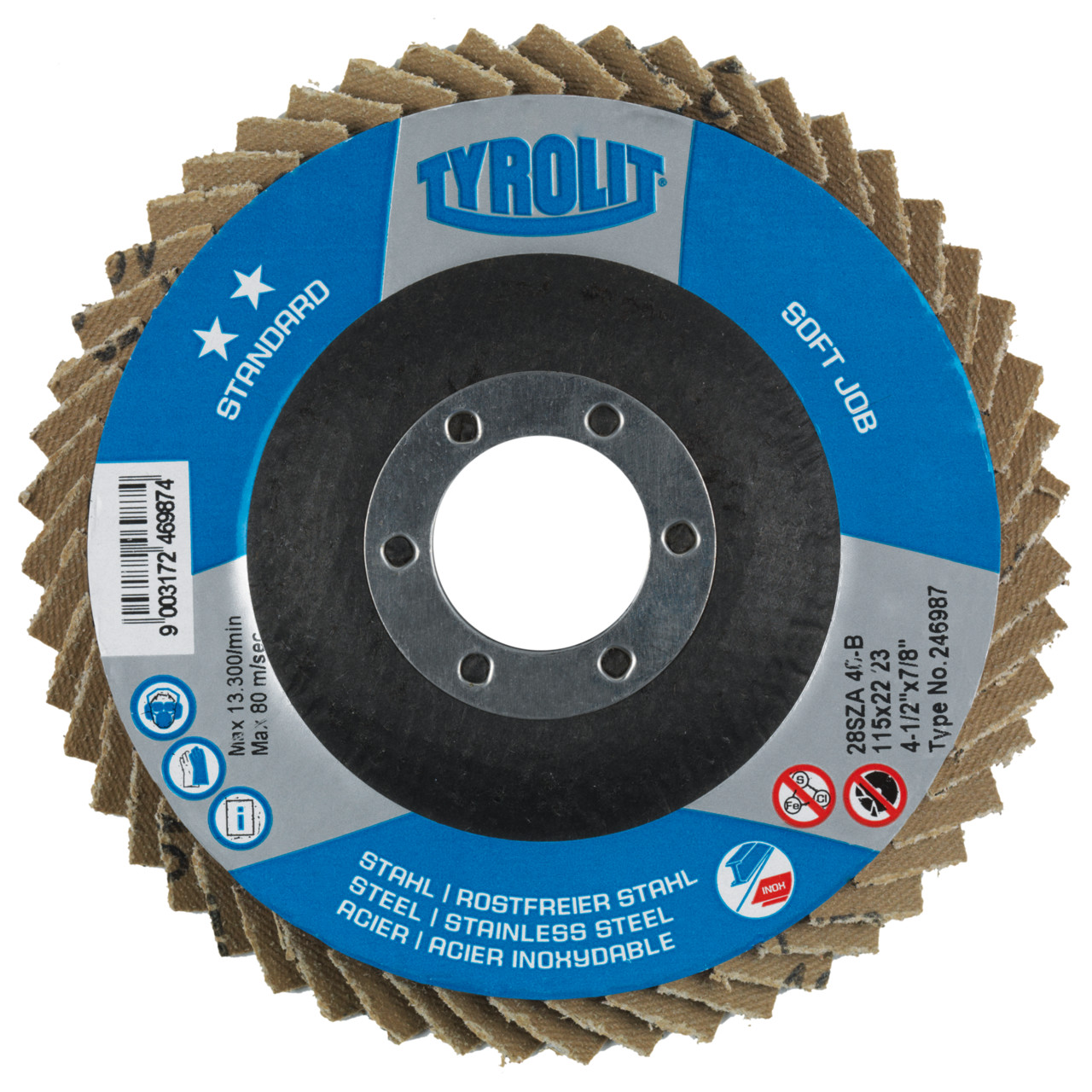 TYROLIT SOFTJOB DxH 125x22.23 2in1 for steel and stainless steel, P80, shape: 28S - straight version (SOFTJOB serrated lock washer), Art. 246998