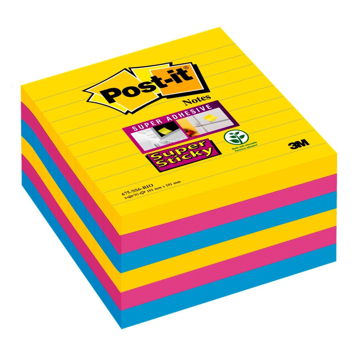 3M Post-it Super Sticky Notes 675-S6R, 6 kpl 90 arkkia, Rio de Janeiro Collection: ultra-keltainen, -sininen, -vaaleanpunainen, 101 mm x 101 mm, vuorattu, PEFC-sertifioitu