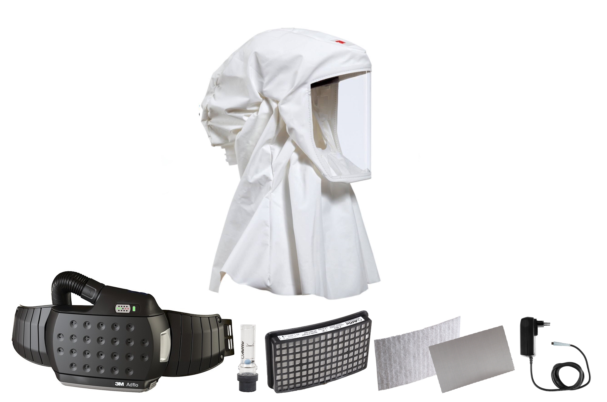 3M Speedglas Versaflo disposable lightweight hood S533S, protection for neck and shoulder, size S/M with Adflo blower respirator with QRS air hose, adapter, air flow meter, pre-filter, spark arrester, particle filter, lithium-ion battery and charger