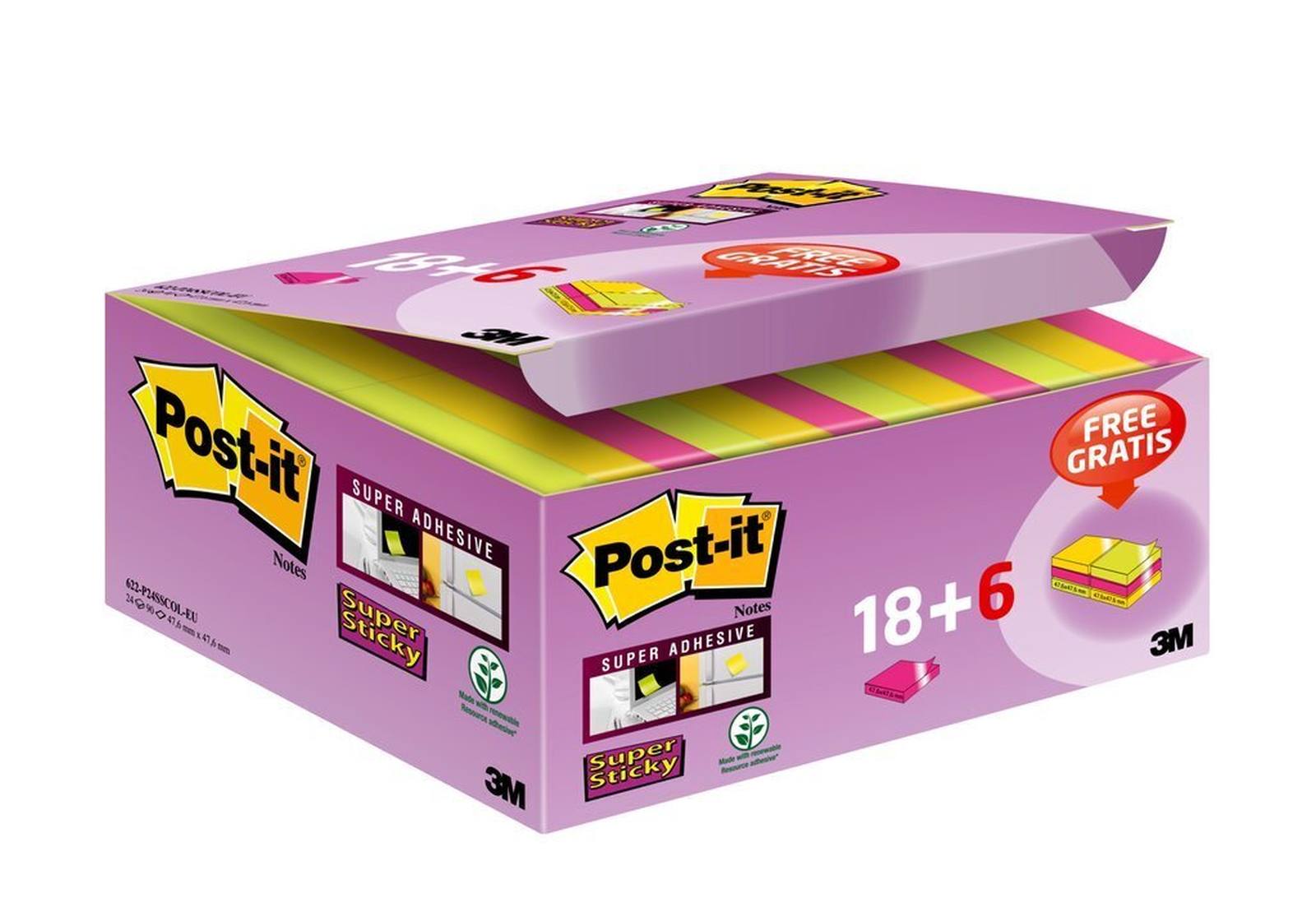3M Post-it Super Sticky Notes Promotion 622P24SC, 24 pads of 90 sheets in a box at a special price, ultra pink, yellow, neon green, 48 mm x 48 mm, not individually cellophaned, PEFC certified