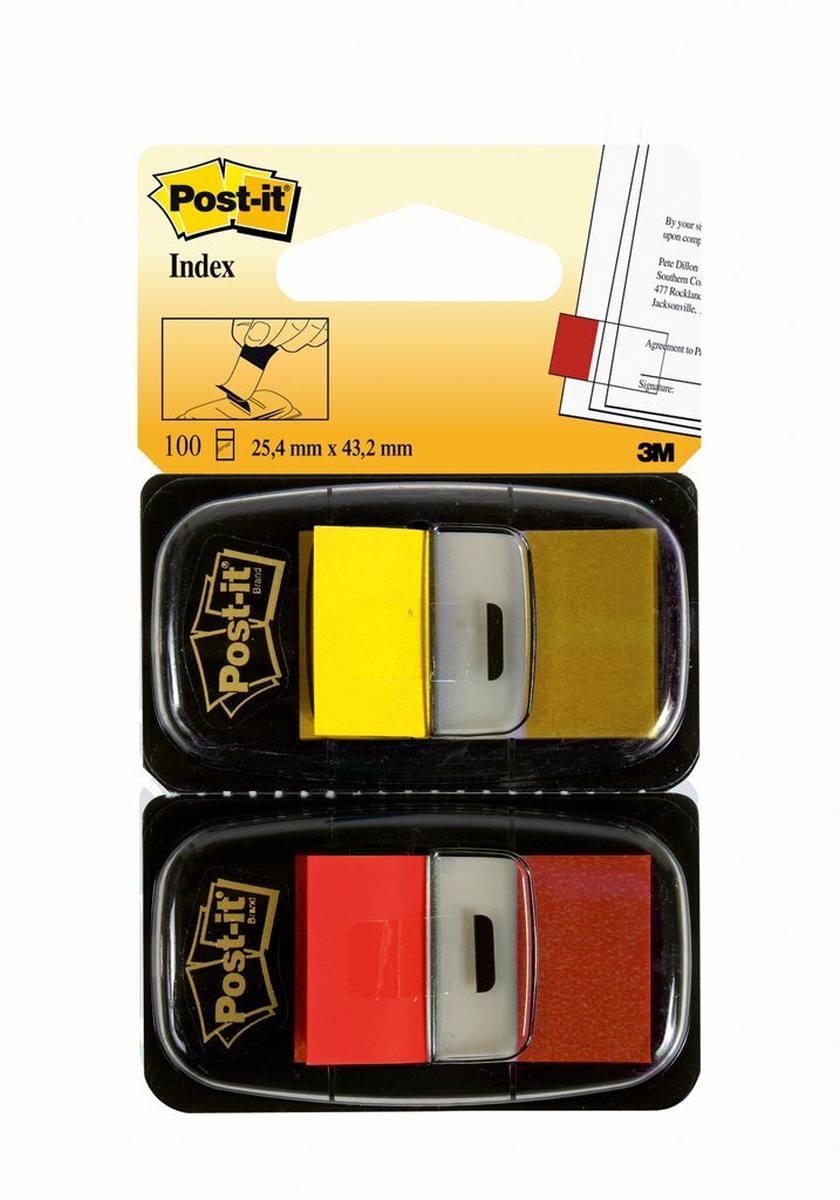 3M Post-it Index I680-RY2, 25,4 mm x 43,2 mm, geel, rood, 2 x 50 plakstrips in dispenser