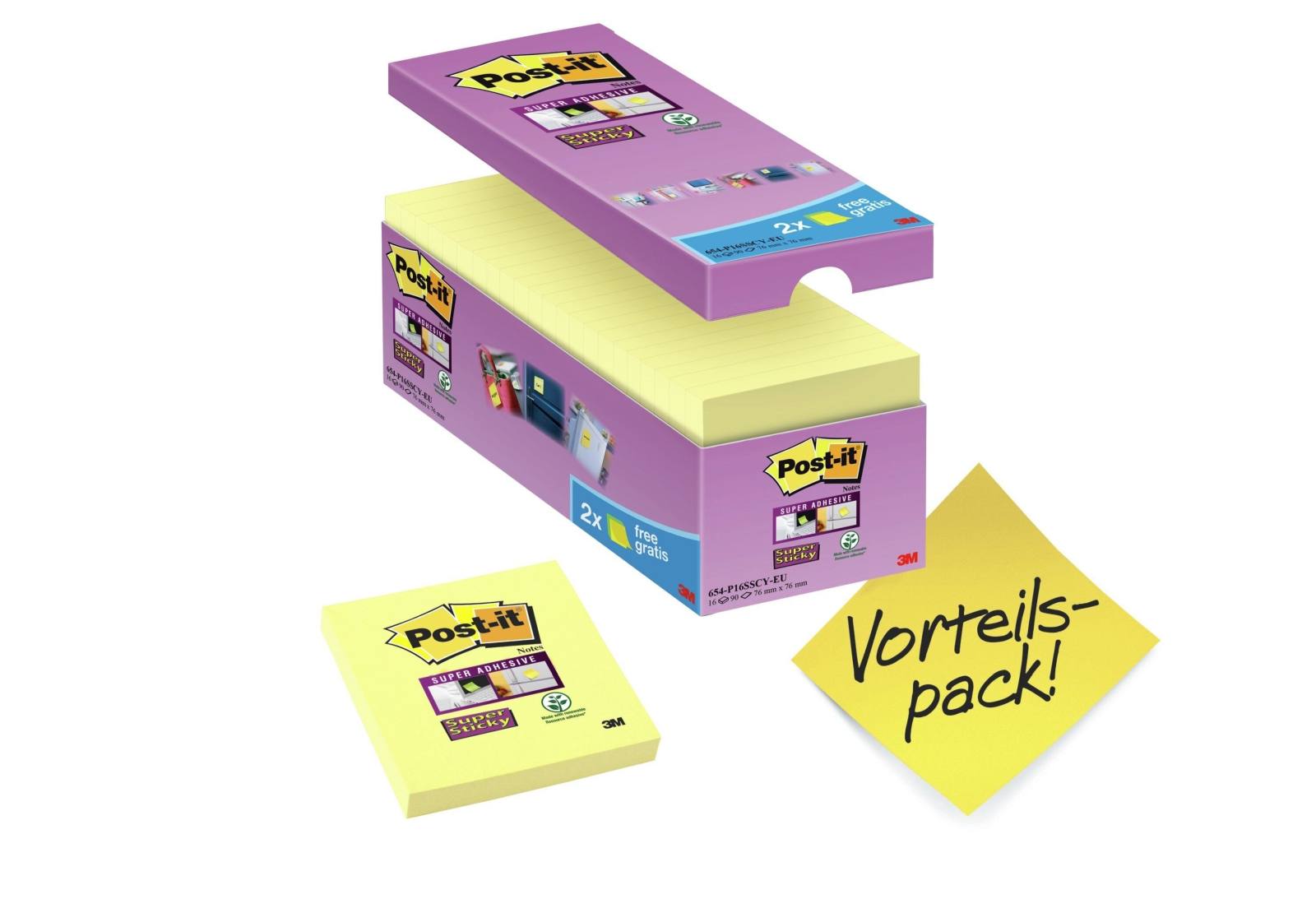 3M Post-it Super Sticky Notes 65416SYP, 76 mm x 76 mm, yellow, 16 pads of 90 sheets each