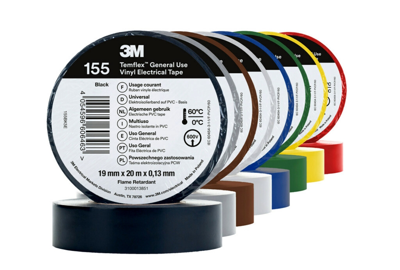 3M Temflex 155 vinyl electrical insulating tape, rainbow, 1 roll of each colour: white, red, black, green, blue, yellow, grey, brown, 19 mm x 20 m, 0.13 mm