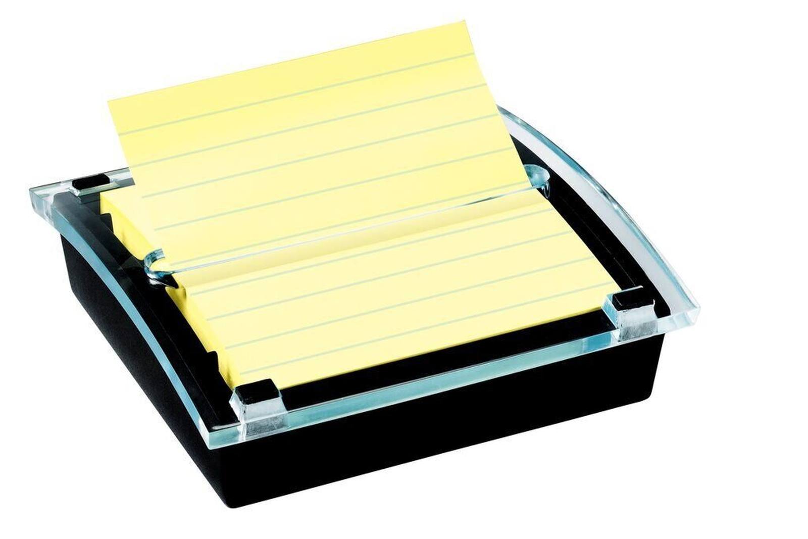 3M Post-it Distributeur de Super Sticky Z-Notes DS440SCY, 1 distributeur de Z-Notes, noir/transparent y compris 1 bloc de Post-it Super Sticky Z-Notes de 90 feuilles, jaune, ligné, 101 mm x 101 mm, certifié PEFC