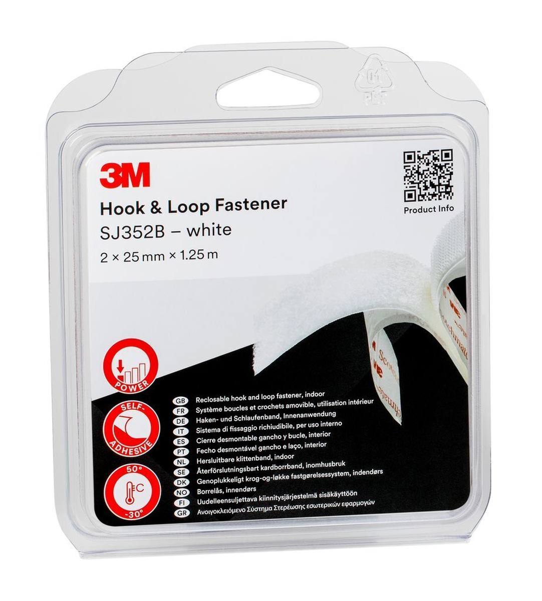 3M Hook and loop tape SJ352B, white, 25.4 mm x 1.25 m, 4.4 mm, blister pack