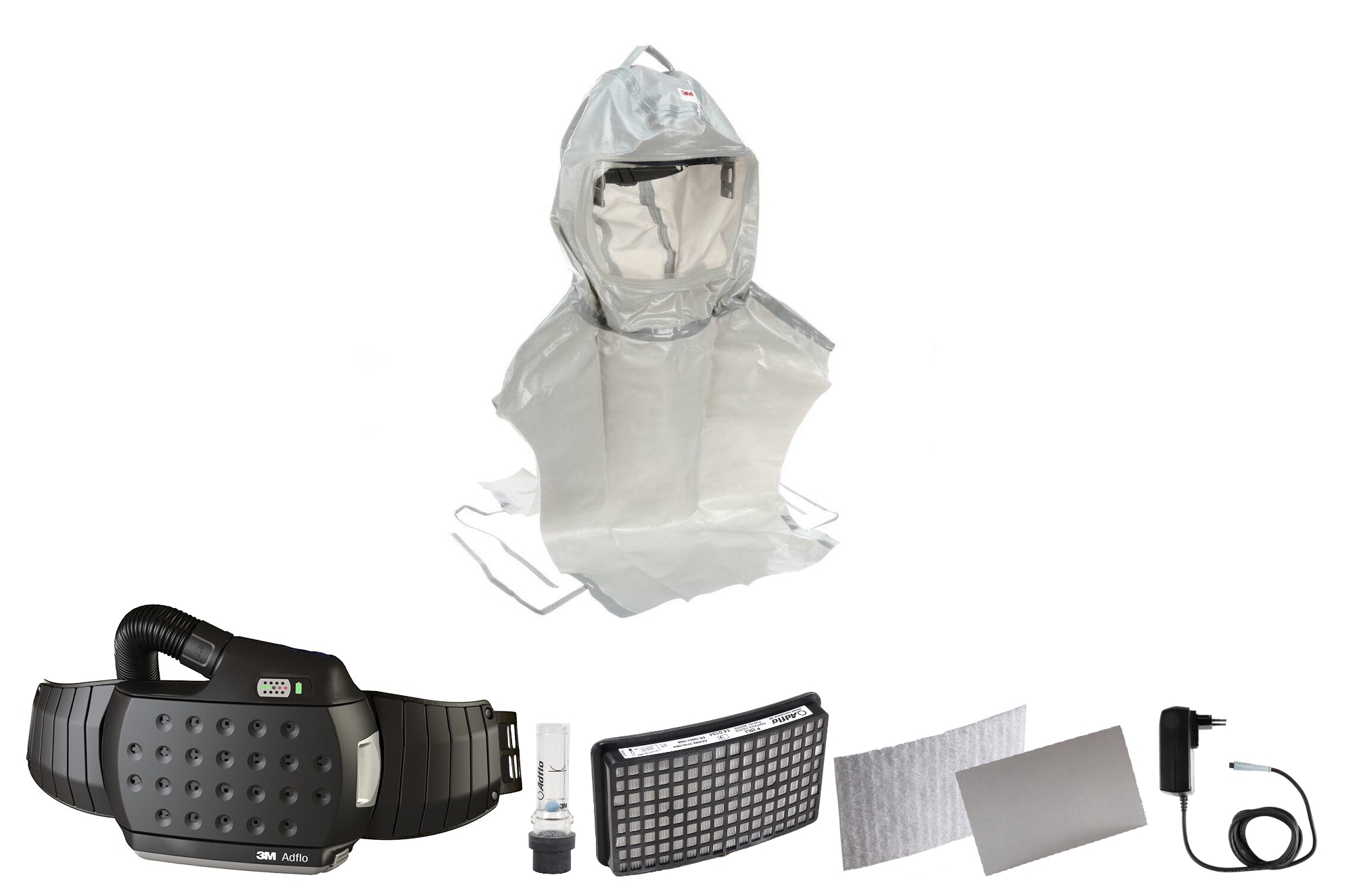 3M Speedglas Versaflo premium lightweight bonnet S855 starter pack, incluso collare tessile porta-testa con respiratore Adflo con tubo aria QRS, adattatore, misuratore di flusso d'aria, pre-filtro, parascintille, filtro antiparticolato, batteria agli