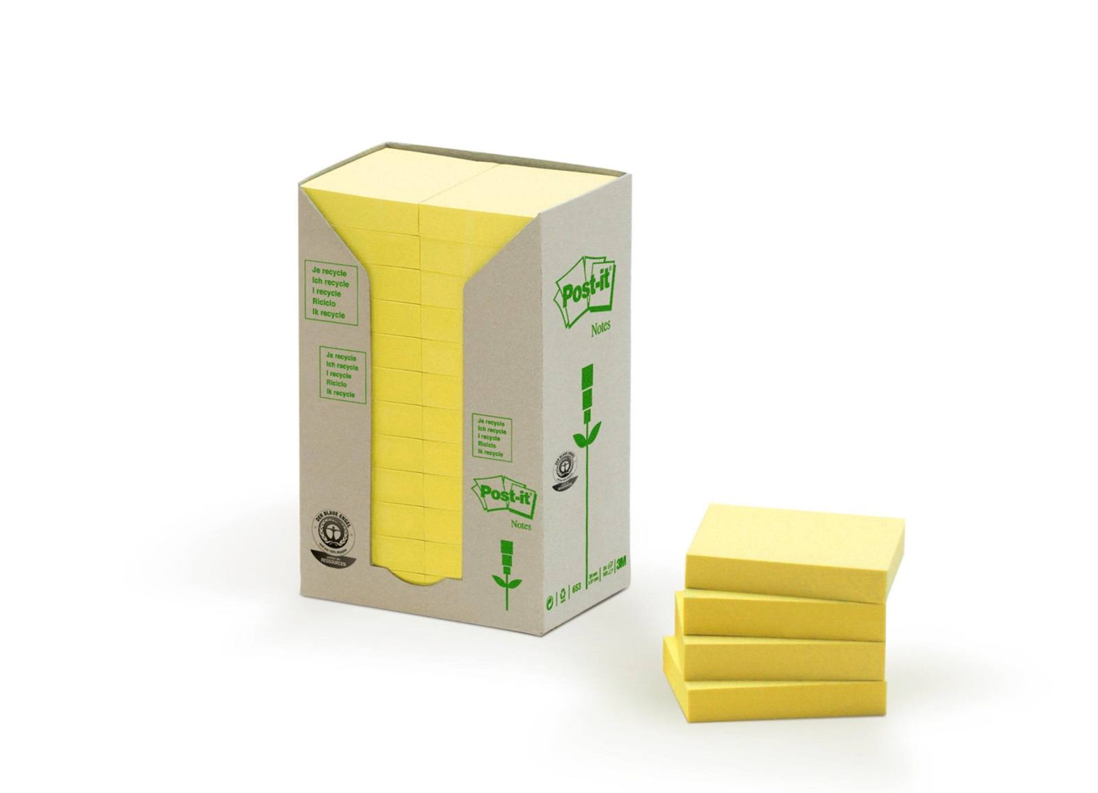 3M Post-it Notas de Reciclaje 653-1T, 51 mm x 38 mm, amarillo, 24 blocs de 100 hojas cada uno