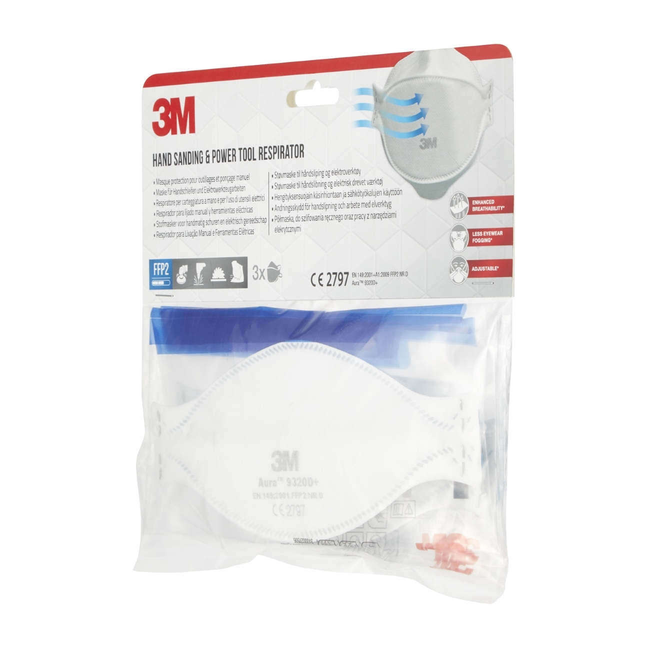 3M 9320D+ Aura Masque de protection respiratoire FFP2, jusqu'à 10 fois la valeur limite, paquet = 3pcs, (emballage hygiénique individuel)