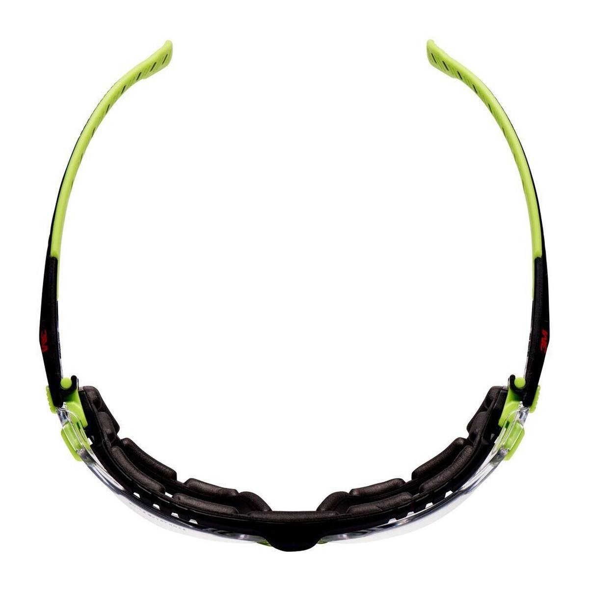 3M Gafas de protección Solus 1000, patillas verde/negro, revestimiento Scotchgard antivaho/antirayas (K&amp;N), lente transparente, montura y cinta de espuma, S1201SGAFKT-EU