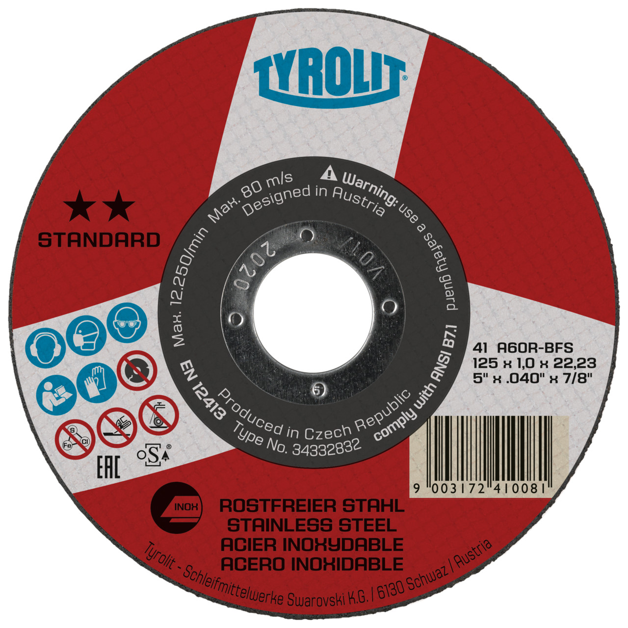 Tyrolit Cutting discs DxDxH 125x2.0x22.23 For stainless steel, shape: 41 - straight version, Art. 408496
