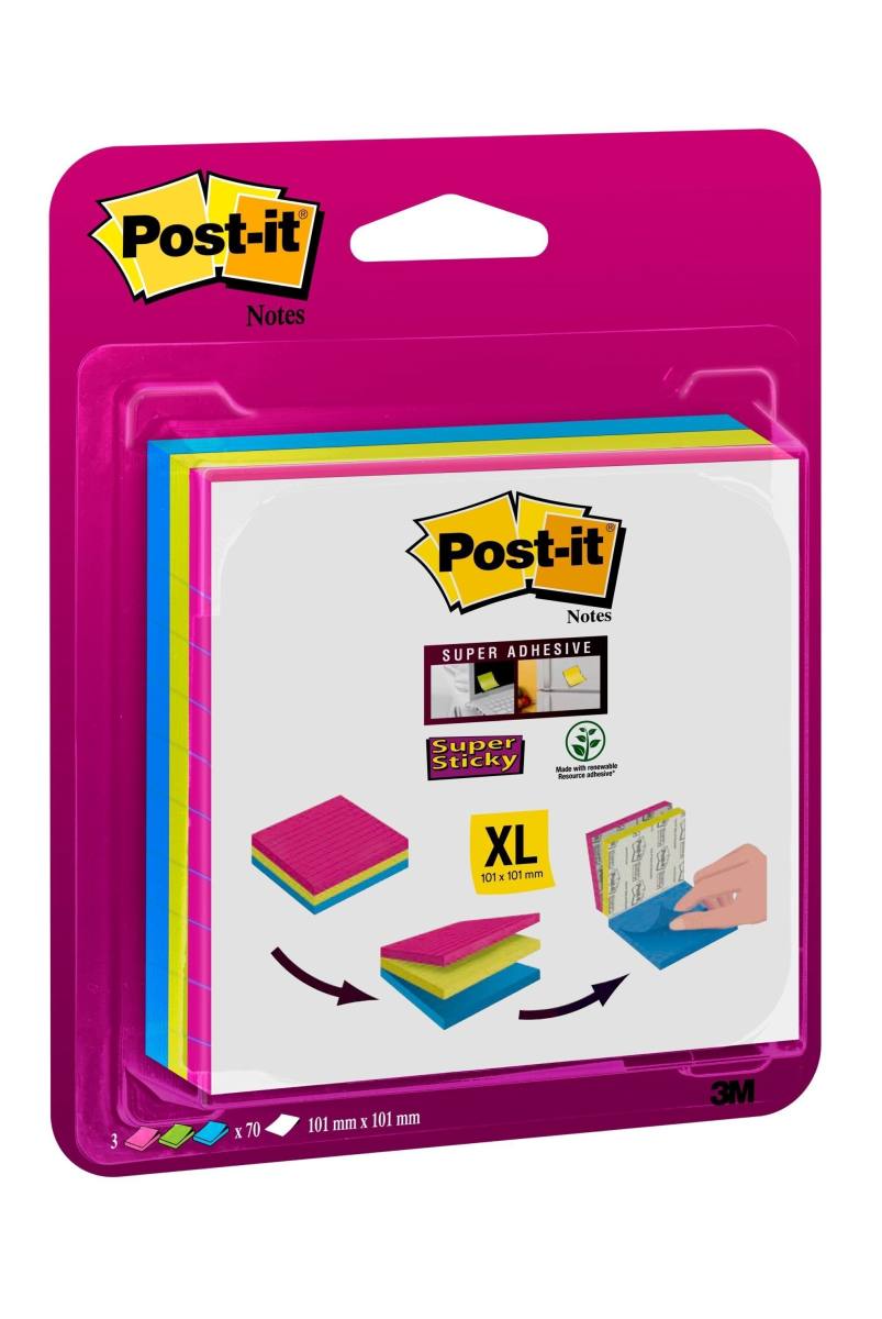 3M Post-it Super Sticky Notes 6916S-B, 47,6 mm x 47,6 mm, neonorange, neonpink, ultrablau, gelb, 6 Blöcke à 45 Blatt