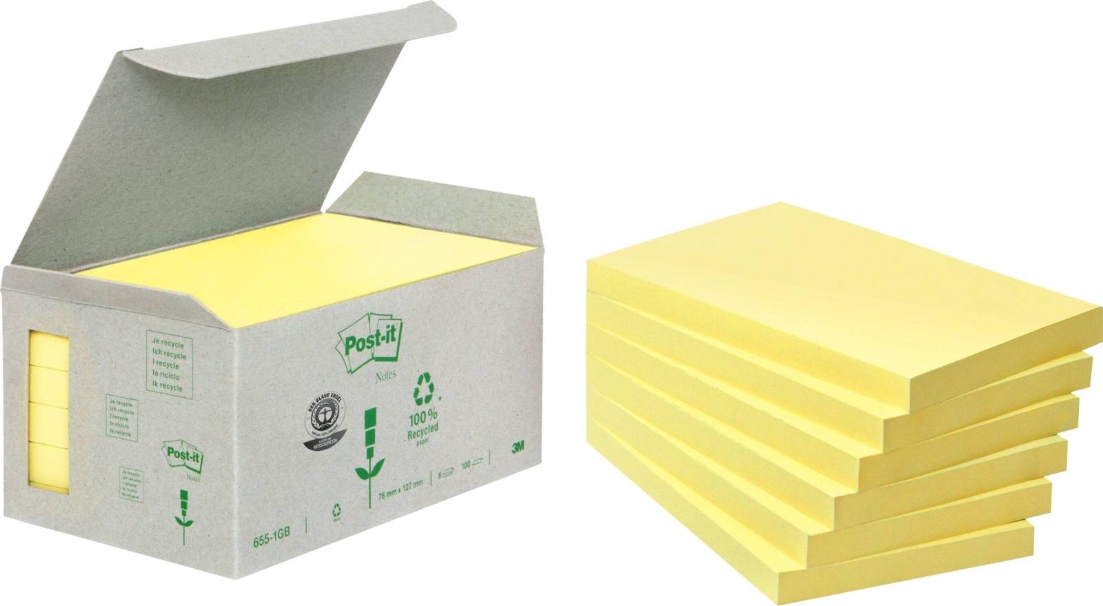 3M Post-it Notas de Reciclaje 6551B, 127 mm x 76 mm, amarillo, 6 blocs de 100 hojas cada uno