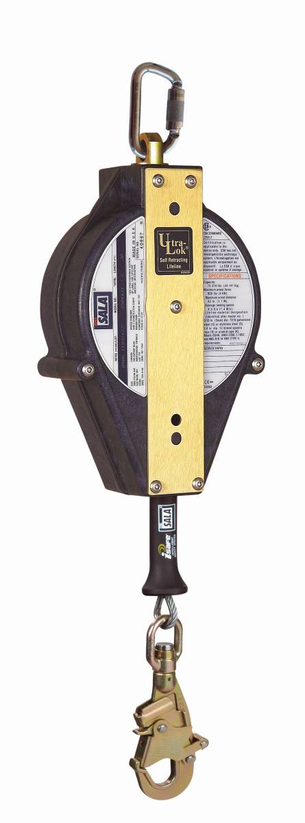 3M DBI-SALA Ultra-Lok retractable type fall arrester with anti-lock braking system, length: 6 m, stainless steel cable 5 mm, polyurethane housing, automatic swivel carabiner with fall indicator opening width 16.5 mm, RFID tag for inspection, 6.0 m